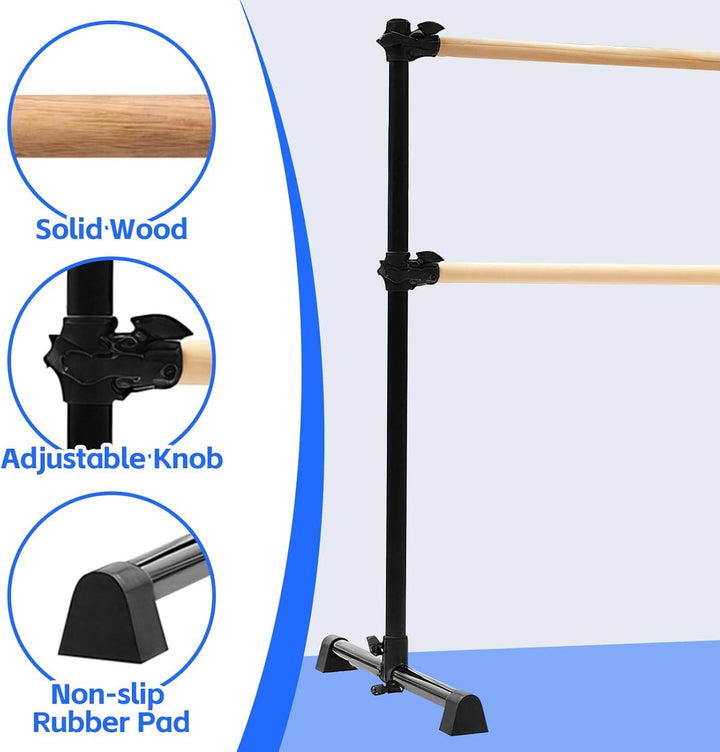 Barre de danse mobile double en bois hauteur réglable 15 à 122cm