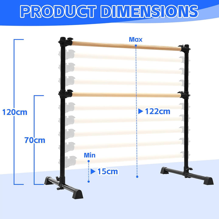Barre de danse mobile double en bois hauteur réglable 15 à 122cm