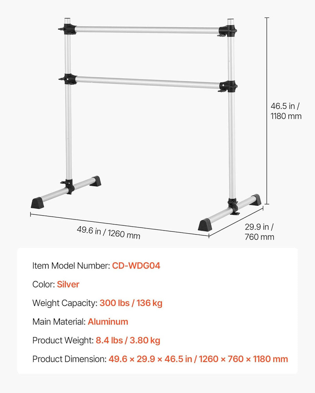 Barre de danse classique double hauteur aluminium réglable