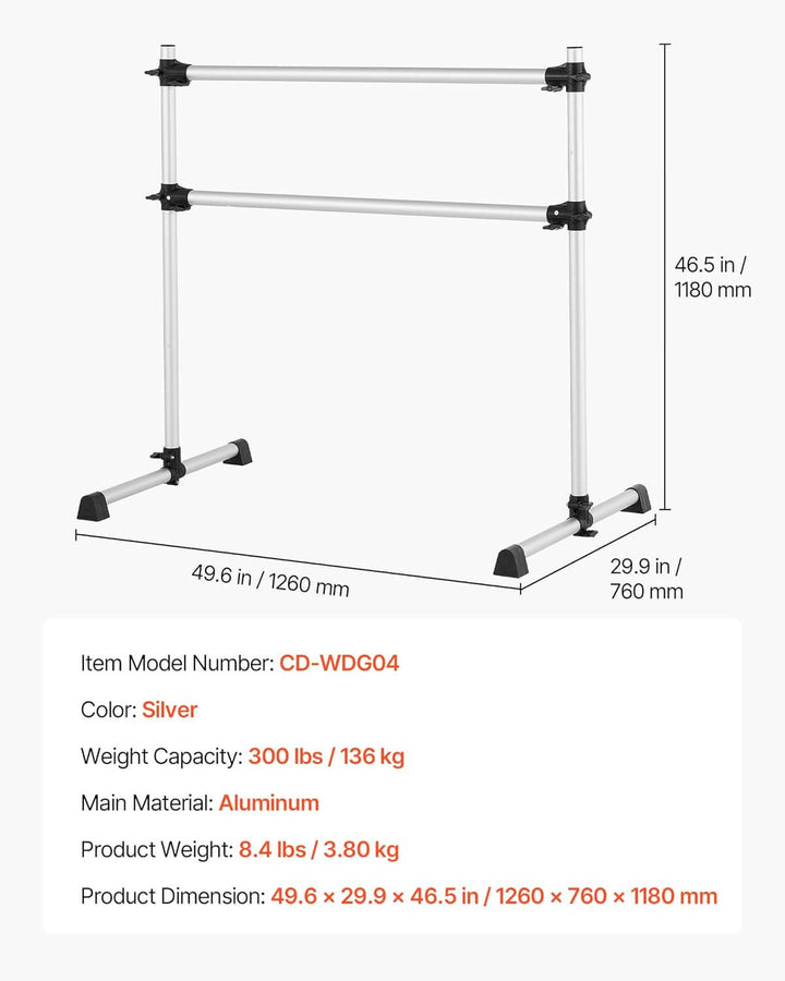 Barre de danse classique double hauteur aluminium réglable