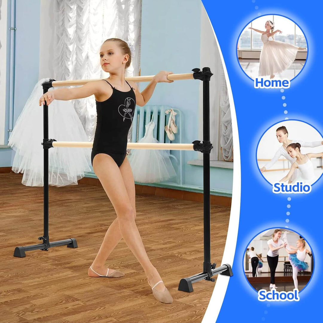 Barre de danse mobile double en bois hauteur réglable 15 à 122cm