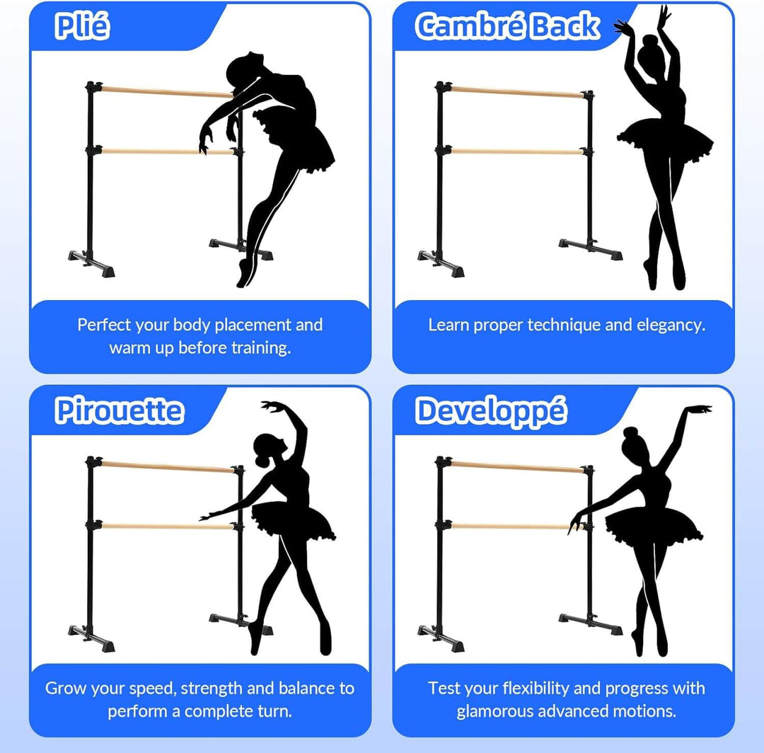 Barre de danse mobile double en bois hauteur réglable 15 à 122cm