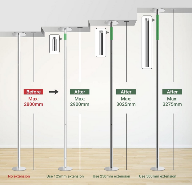 Extension pour barre Pole Dance tube 45mn longueurs de 12.5cm à 50cm