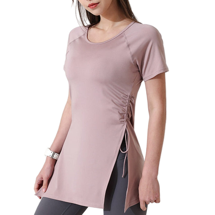 Top long manches courtes asymetrique fendu côté rose S/M
