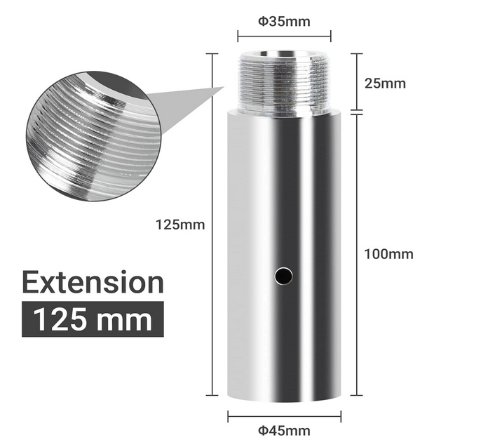 Extension pour barre Pole Dance tube argent 45mn longueur 125mm à 500mm