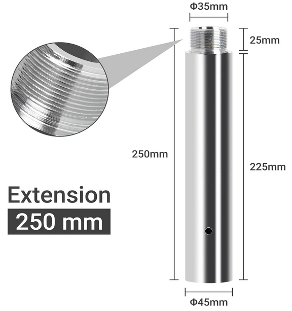 Extension pour barre Pole Dance tube argent 45mn longueur 125mm à 500mm