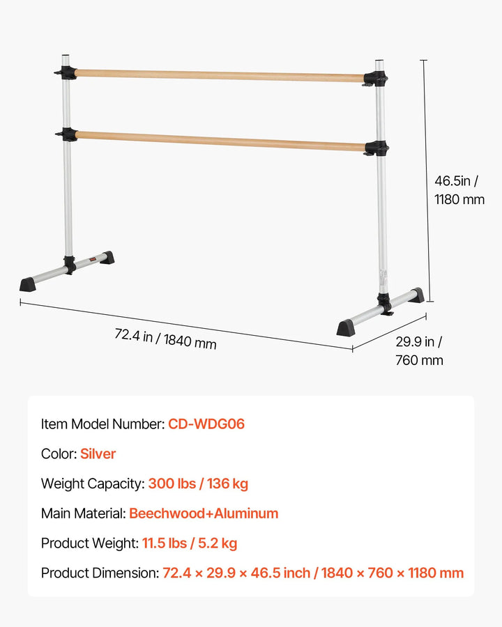 Barre de danse portable double en bois 1840mm
