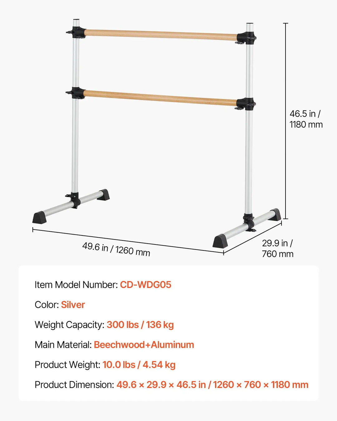 Barre de danse mobile double en bois 1260mm