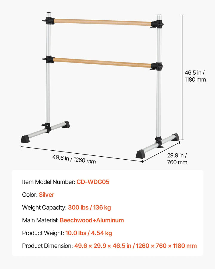 Barre de danse mobile double en bois 1260mm