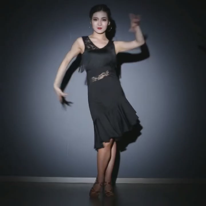 Robe danse latine asymétrique à volant franges et dentelle
