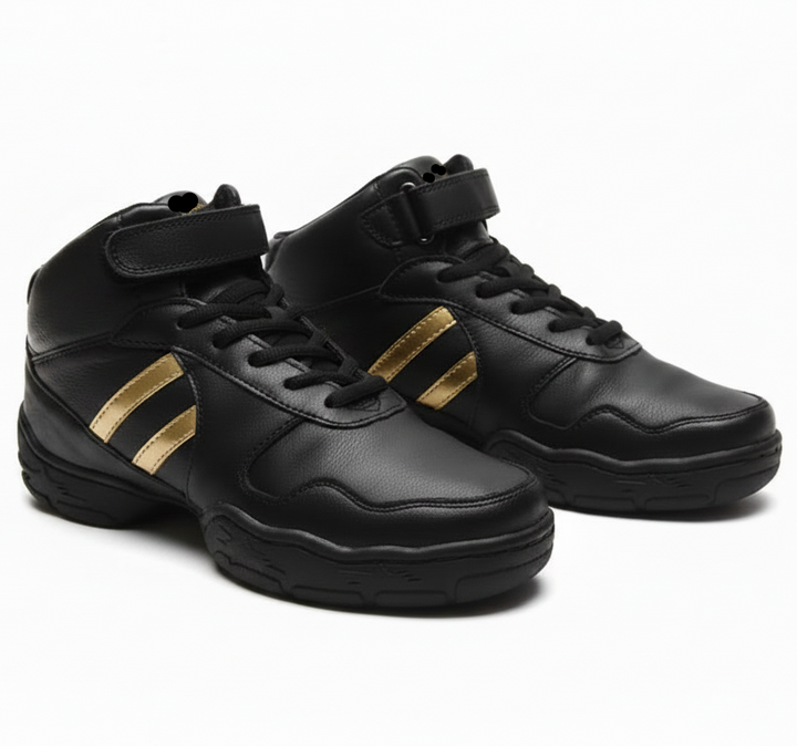 Baskets montantes cuir coloris noir & bandes or T44