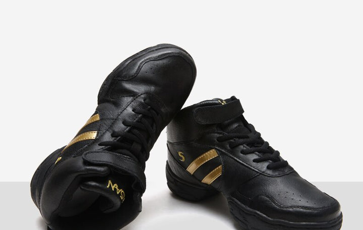 Baskets montantes cuir coloris noir & bandes or T44