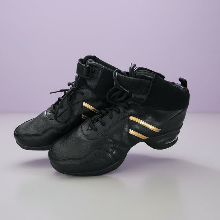 Baskets montantes cuir coloris noir & bandes or T44