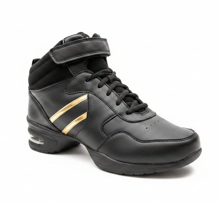 Baskets montantes cuir coloris noir & bandes or T44