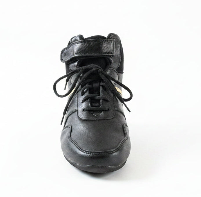 Baskets montantes cuir coloris noir & bandes or T44