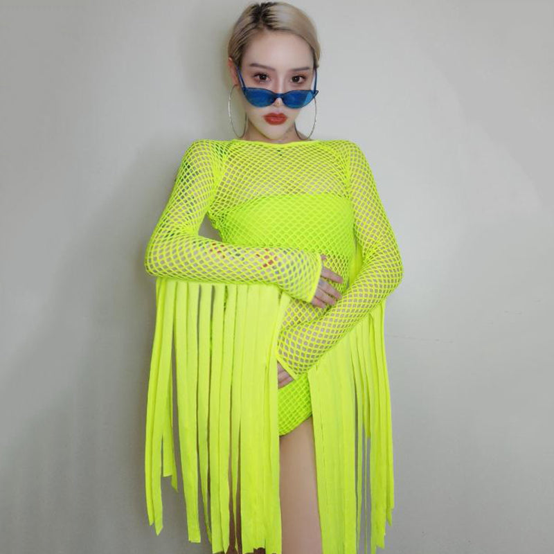 Body Dance Jaune Fluo manche franges Anong