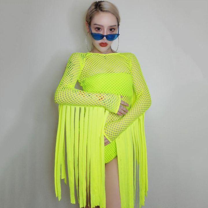 Body Dance Jaune Fluo manche franges Anong