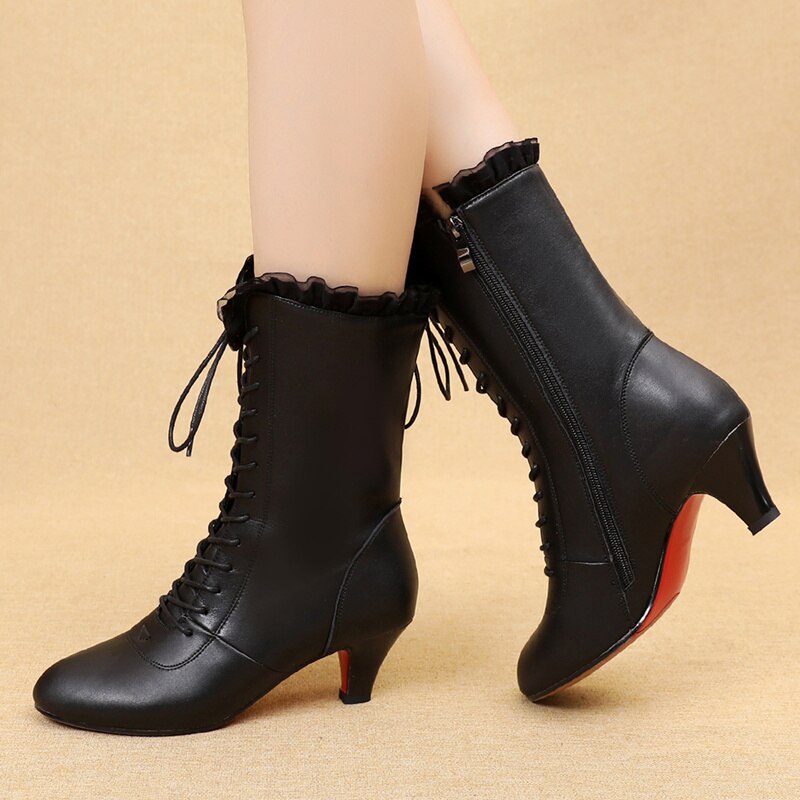 Bottines danse cuir Sandy  avec dentelle rouge Talons de 5cm
