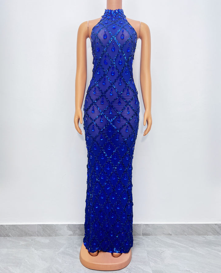 Robe longue sans manches col haut avec paillettes et strass