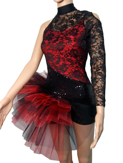 Robe justaucorps rouge et noir avec 1 manche longue pour enfant et adulte - Dance Store