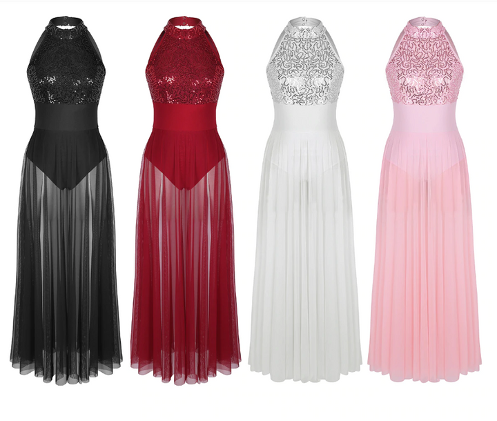 Robe longue fendue sur 1 côté en mesh avec justaucorps intégré sans manches dos nu avec sequins pour adulte 4 coloris au choix - Dance Store