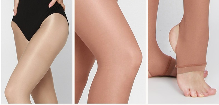 Collants de danse brillants adaptés pour la scène avec ouverture aux pieds (pied étrier) pour enfant et adulte coloris beige clair ou foncé - Dance Store