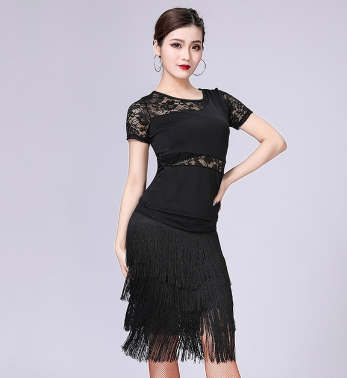 Ensemble Top manches courtes & Jupe franges danse latine