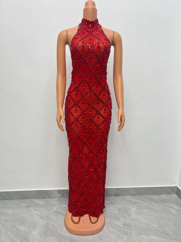 Robe longue sans manches col haut avec paillettes et strass