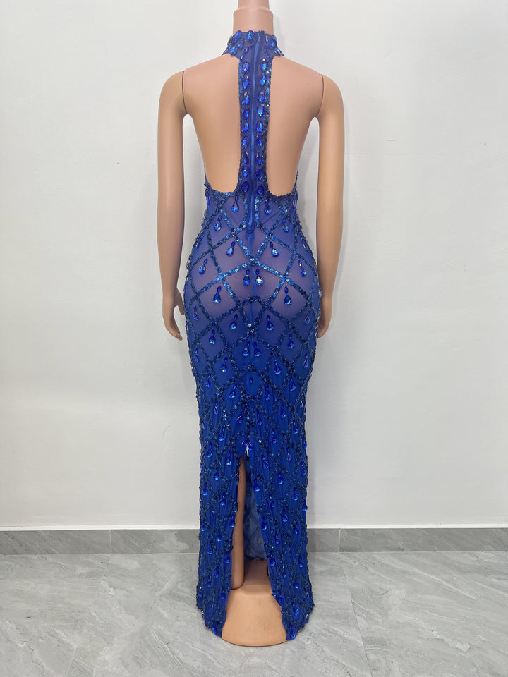 Robe longue sans manches col haut avec paillettes et strass