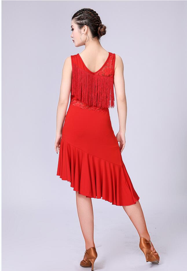 Robe de danse latine asymétrique à volant - buste avec franges et dentelle - pour adulte - 5 coloris au choix: noir, violet, rouge, fuchsia, bleu - Dance Store