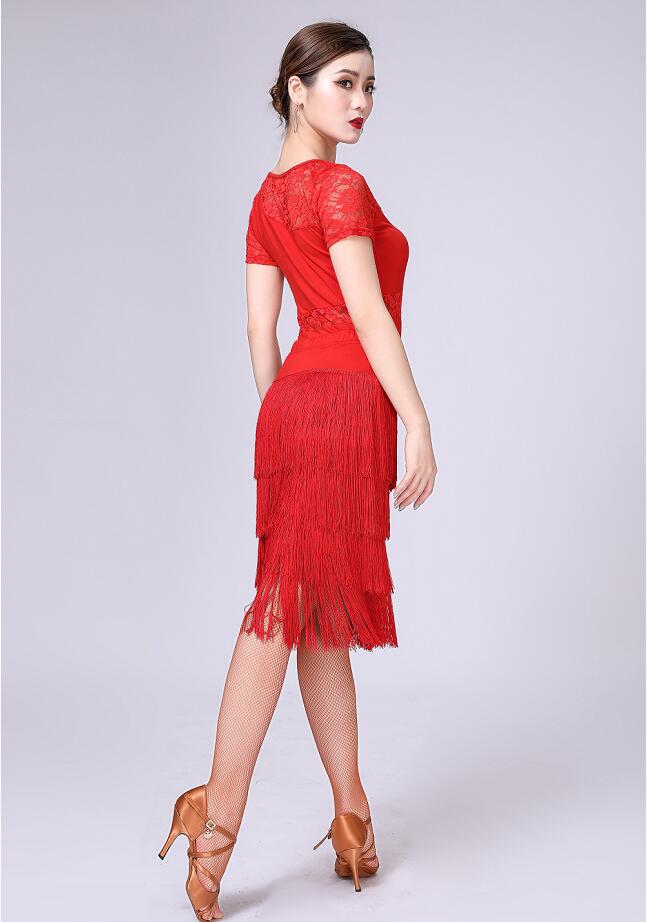 Robe de danse latine à franges et dentelle pour adulte - Top à manches courtes avec jupe - 3 coloris au choix: noir, violet, rouge - Dance Store