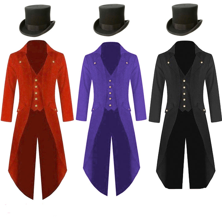 Veste queue de pie et Chapeau haut de forme noir avec boutons dorés pour adulte unisexe -  3 coloris au choix: noir, violet, rouge - Dance Store