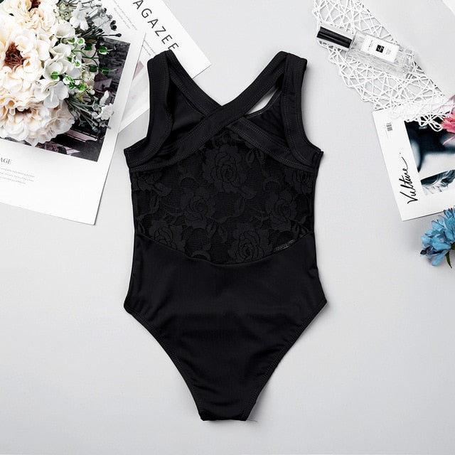Justaucorps Body sans manches bretelles croisées et dentelle dans le dos pour enfant 4 coloris au choix rose/bleu/violet/noir - Dance Store