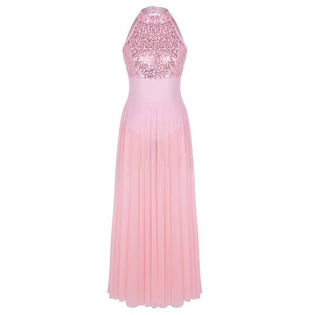 Robe longue fendue sur 1 côté en mesh avec justaucorps intégré sans manches dos nu avec sequins pour adulte 4 coloris au choix - Dance Store