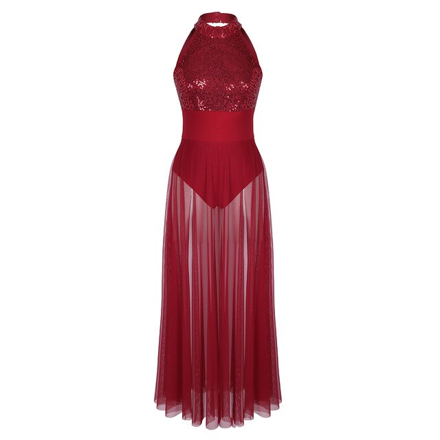 Robe longue fendue sur 1 côté en mesh avec justaucorps intégré sans manches dos nu avec sequins pour adulte 4 coloris au choix - Dance Store