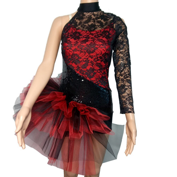 Robe justaucorps rouge et noir avec 1 manche longue pour enfant et adulte - Dance Store